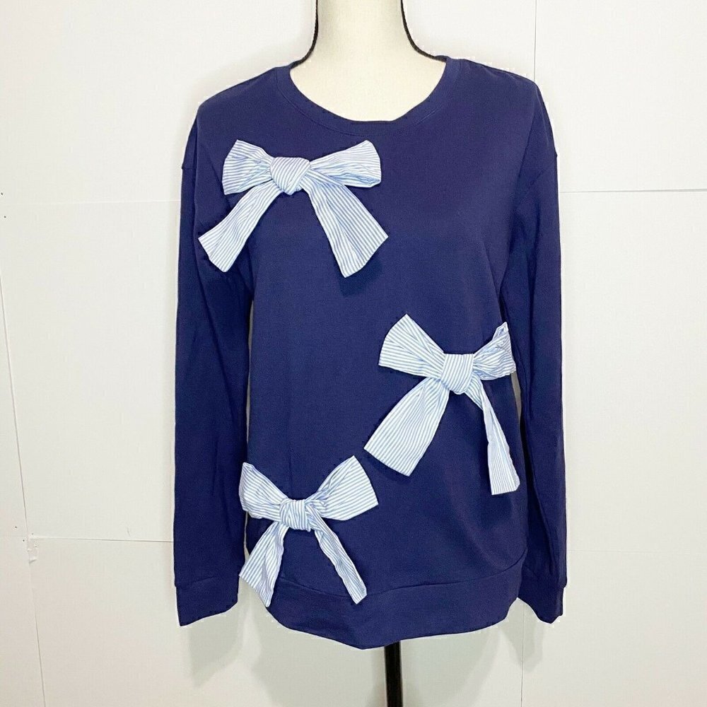 Halogen Womens Sz Small Bow Top Sweatshirt Navy Long Sleeve Crew Neck